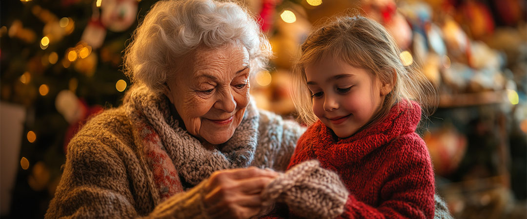 An elderly woman with her granddaughter smiling as she looks down at a gift.